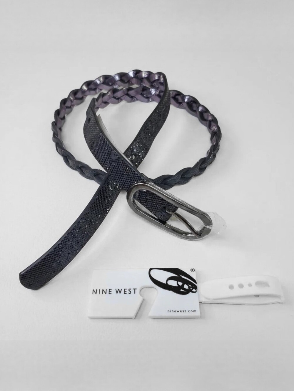 Nine West 29-33" NEW Belt Faux Snake Black Glittery Braided Gunmetal Buckle